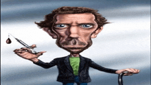 a caricature of a man holding a syringe with a drop of blood on it