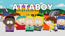 a group of south park characters are standing in front of a playground and the word attaboy is written above them