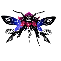 a drawing of a butterfly with a purple flower on its head