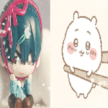 a doll with blue hair and a pink scarf next to a drawing of a hamster