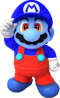 a cartoon character with a blue hat and red overalls has a letter m on his hat