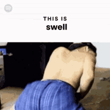 a shirtless man in blue shorts is kneeling down and says this is swell