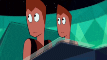 a couple of cartoon characters are looking at something