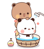 a cartoon bear is taking a bath with a panda in a tub