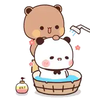 a cartoon bear is taking a bath with a panda in a tub