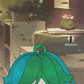 a cartoon drawing of a person with green hair and the word shadow on the bottom