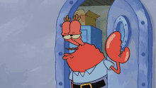 a cartoon character named crab is standing in a doorway with boxes in the background