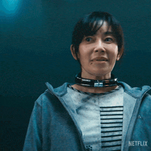 a woman with a collar around her neck says " don 't worry i 'm okay "