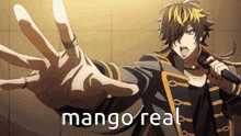 a cartoon character is holding a microphone and the word mango real is on the bottom