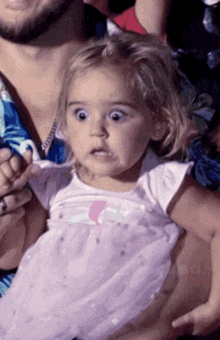 a little girl making a surprised face while being held by a man