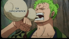 a cartoon character with green hair is drinking from a bottle .