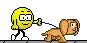a pixel art cartoon of a yellow smiley face walking a brown dog .