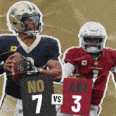 a cardinals player holds a football next to a player from the saints