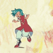 a cartoon character with blue hair and red shoes is jumping in the air