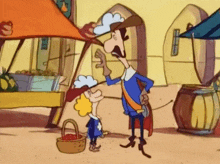 a cartoon of a man standing next to a little boy with a basket