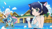 a girl in a bikini is standing in a pool with a star in the background
