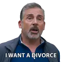 a man with a beard says " i want a divorce " with his mouth open