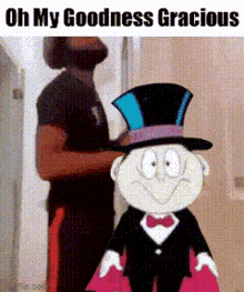 a man is standing next to a cartoon character wearing a top hat and a bow tie .