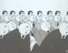 a black and white cartoon of a group of people sitting in a row
