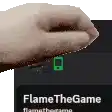 a hand is holding a cell phone next to a sign that says flame the game