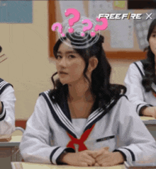 a girl with a question mark on her head is sitting in a classroom