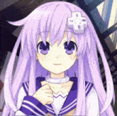 a girl with purple hair has a white cross on her hair