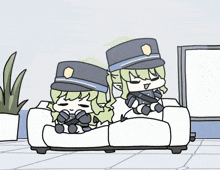 a cartoon of two girls sitting on a couch with their eyes closed