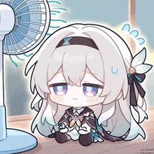 a drawing of a girl sitting in front of a fan with a u on her face