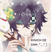 a boy with purple hair is holding chopsticks and making a silly face .