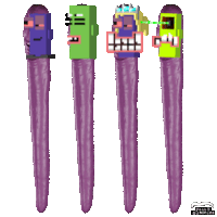 four purple sticks with cartoon faces on them and the words tail 's gummies on the bottom right