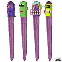 four purple sticks with cartoon faces on them and the words tail 's gummies on the bottom right