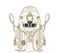 a cartoon character with black eyes and a veil on her head