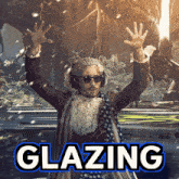 a man wearing headphones and an american flag scarf is standing in front of the word glazing