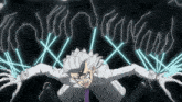 a drawing of a man with his arms outstretched surrounded by glowing lines