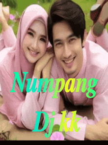 a man and a woman are posing for a picture with the words numpang dj kk written on the bottom
