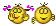 two pixel art smiley faces with purple hearts on their heads .