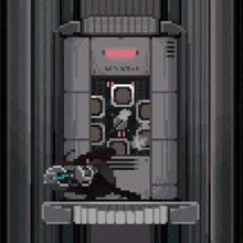 a pixel art of a person in an elevator with a red light above them