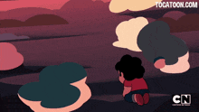 a cartoon character is sitting on the ground in front of a cloudy sky and the website tocatoon.com is visible