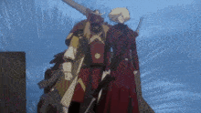 a couple of anime characters standing next to each other holding swords