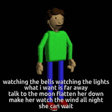 a cartoon of a man in a green shirt and blue pants with a caption that says watching the bells watching the lights