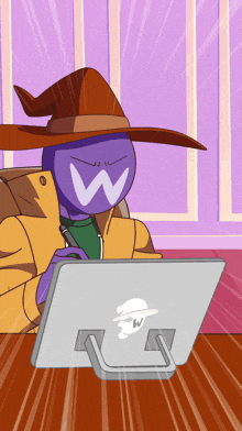 a cartoon character with a w on his face is using a computer