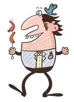 a cartoon drawing of a man holding two sausages