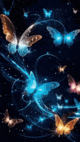 a bunch of colorful butterflies are flying in the dark