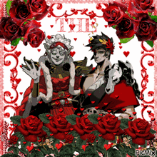 a picture of a man and a woman surrounded by red roses with the words " the " on the top