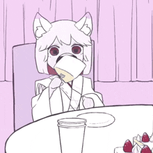 a cartoon of a girl sitting at a table eating a cake with strawberries on it .