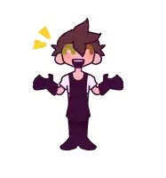 a cartoon drawing of a boy with brown hair and green eyes giving a thumbs up