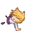 a pixel art drawing of a person wearing a purple hat and a furry coat .