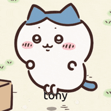 a cartoon cat with a blue bow on its head and the word tony on its chest