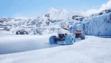 a monster truck that looks like a unicorn with blue wheels