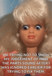 a barbie doll with a caption that says me trying not to show my judgement of how the parts sound